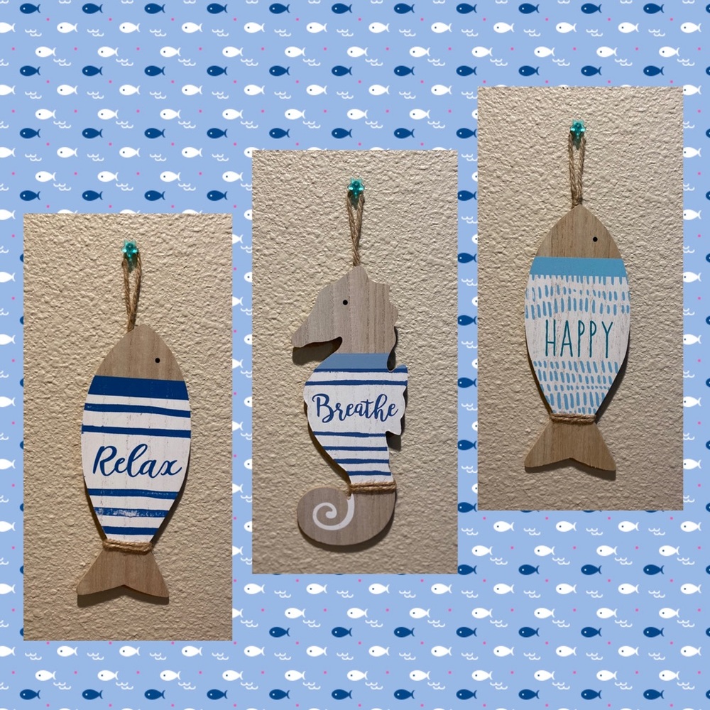 Fish & Seahorse Wood Decor Hanging Wall Signs Set Of 3, Happy, Breathe, Relax